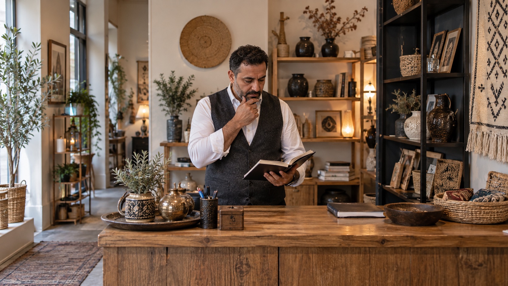 Commerçant réfléchissant devant son carnet dans sa boutique — illustration.