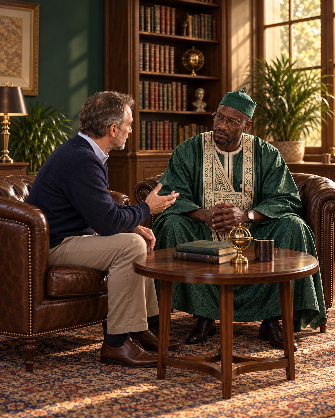 Djibril échange avec un homme dans une bibliothèque — illustration.