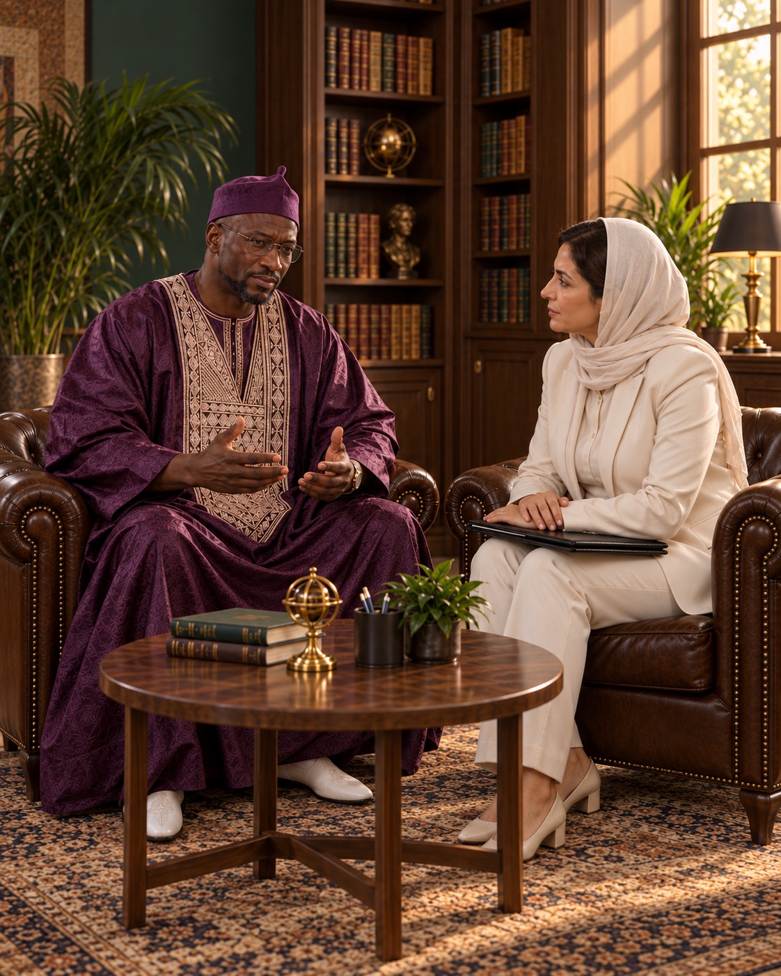 Djibril échange avec une femme dans un cabinet boisé — illustration.