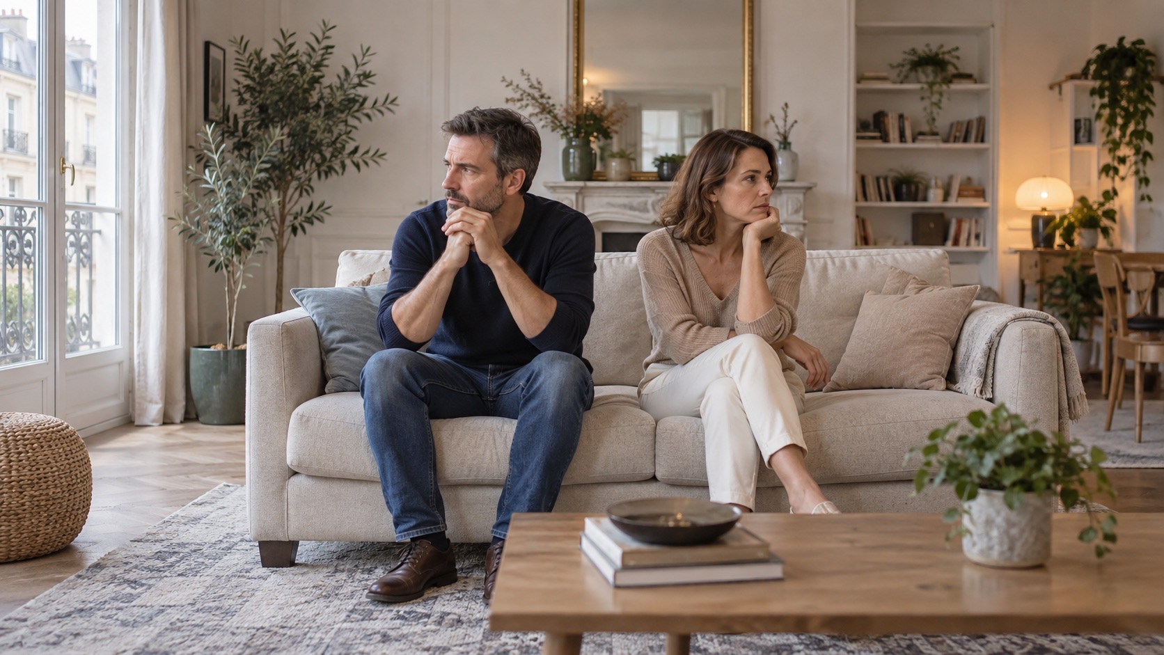 Couple assis en silence sur un canapé — illustration.
