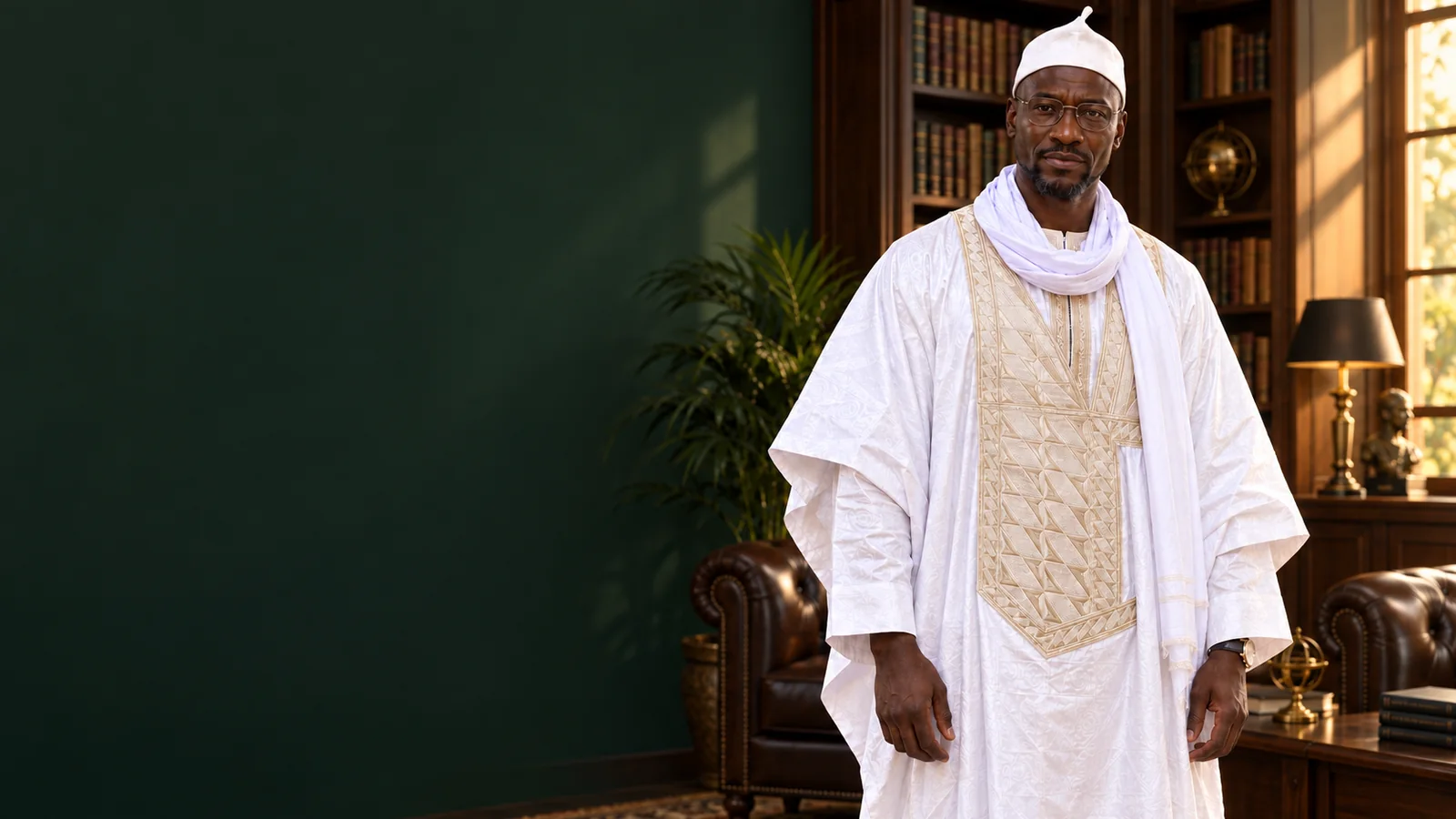 Portrait illustratif de Djibril, voyant marabout africain, dans son cabinet.