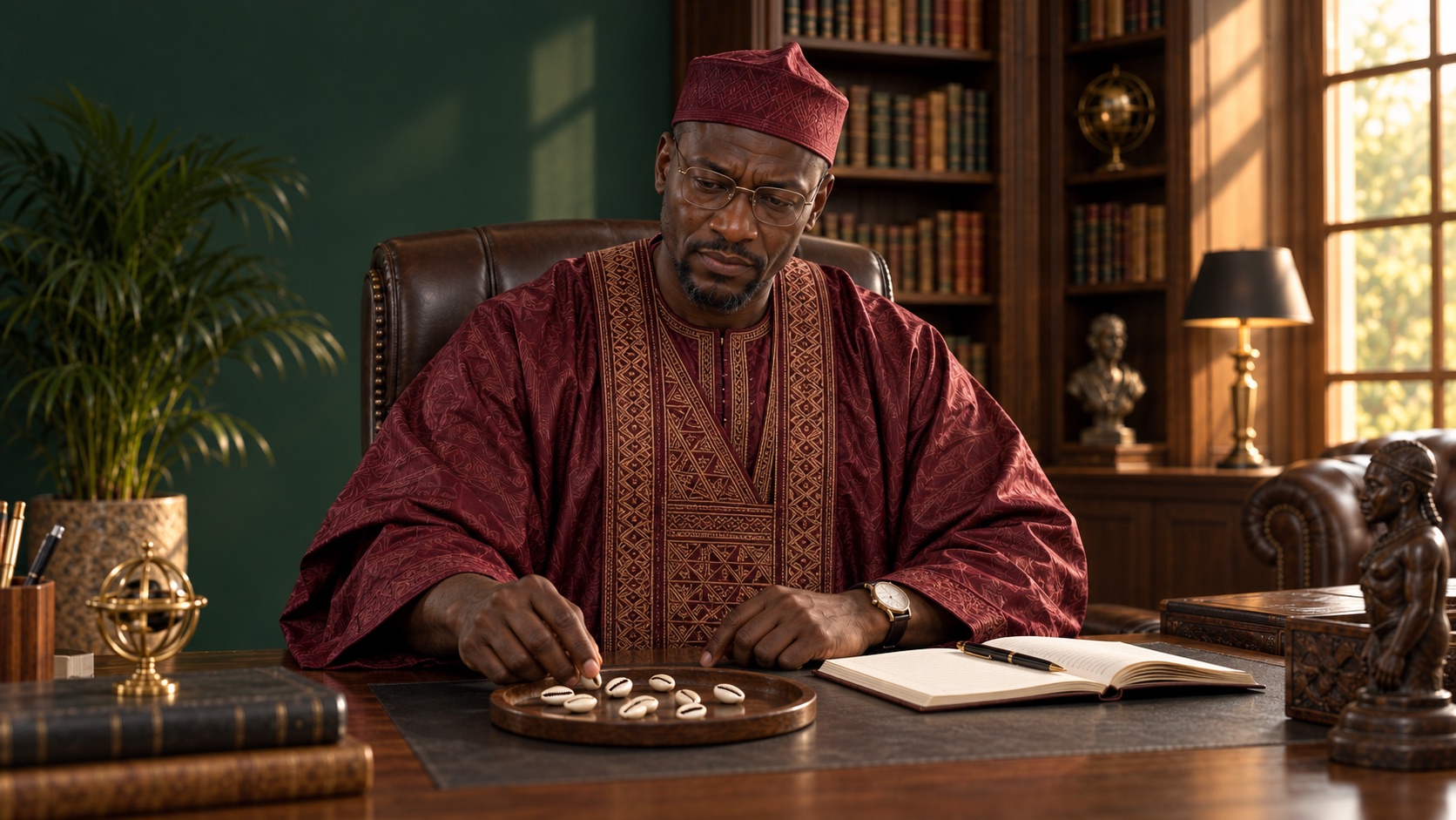 Djibril devant des cauris et un carnet ouvert — illustration.
