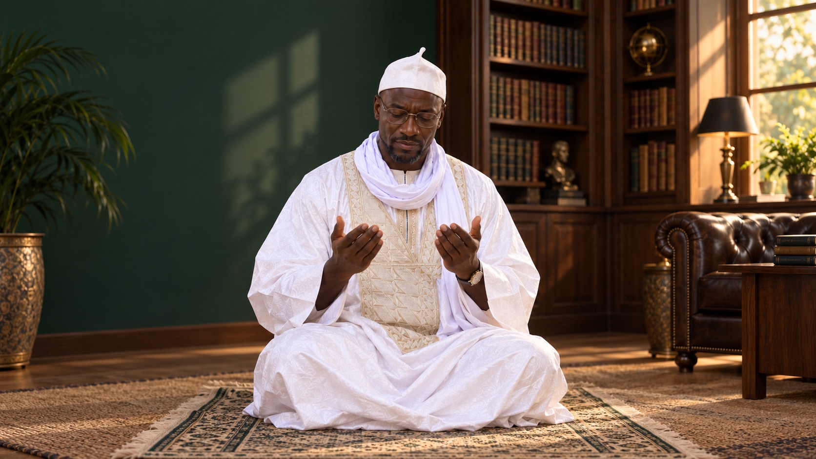 Djibril en prière dans un cabinet — illustration.