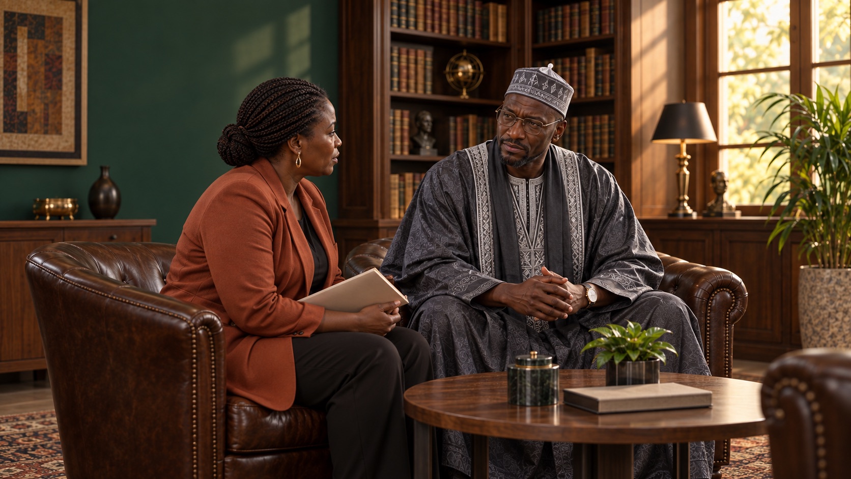Djibril écoute une femme qui lui présente sa situation — illustration.