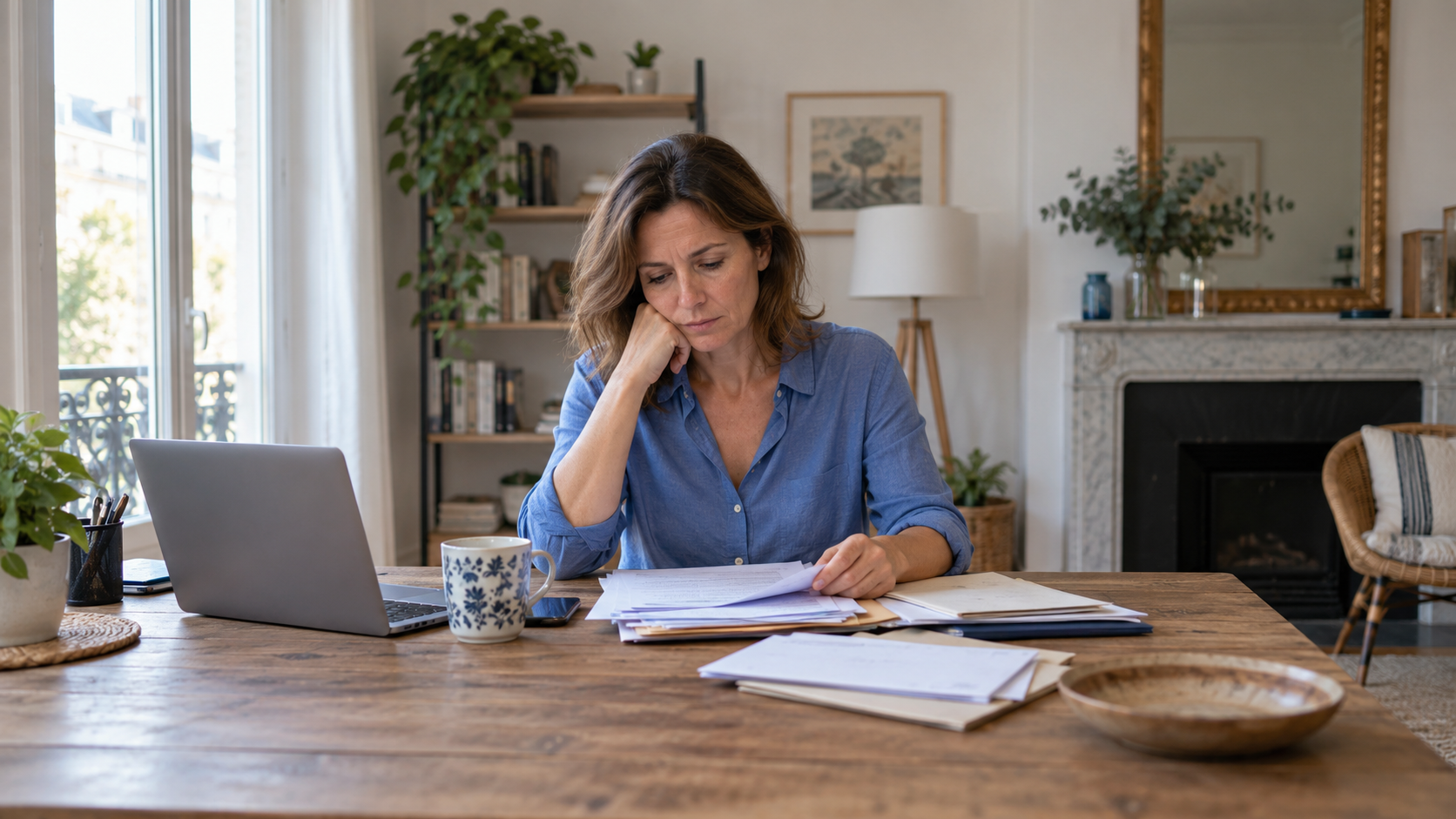 Femme préoccupée examinant ses dossiers à son bureau — illustration.